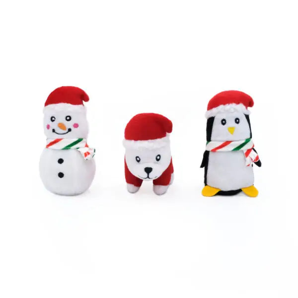 ZippyPaws Holiday Miniz 3 Pack  Festive Animals  |  Mini Squeaky Plush Toy Set