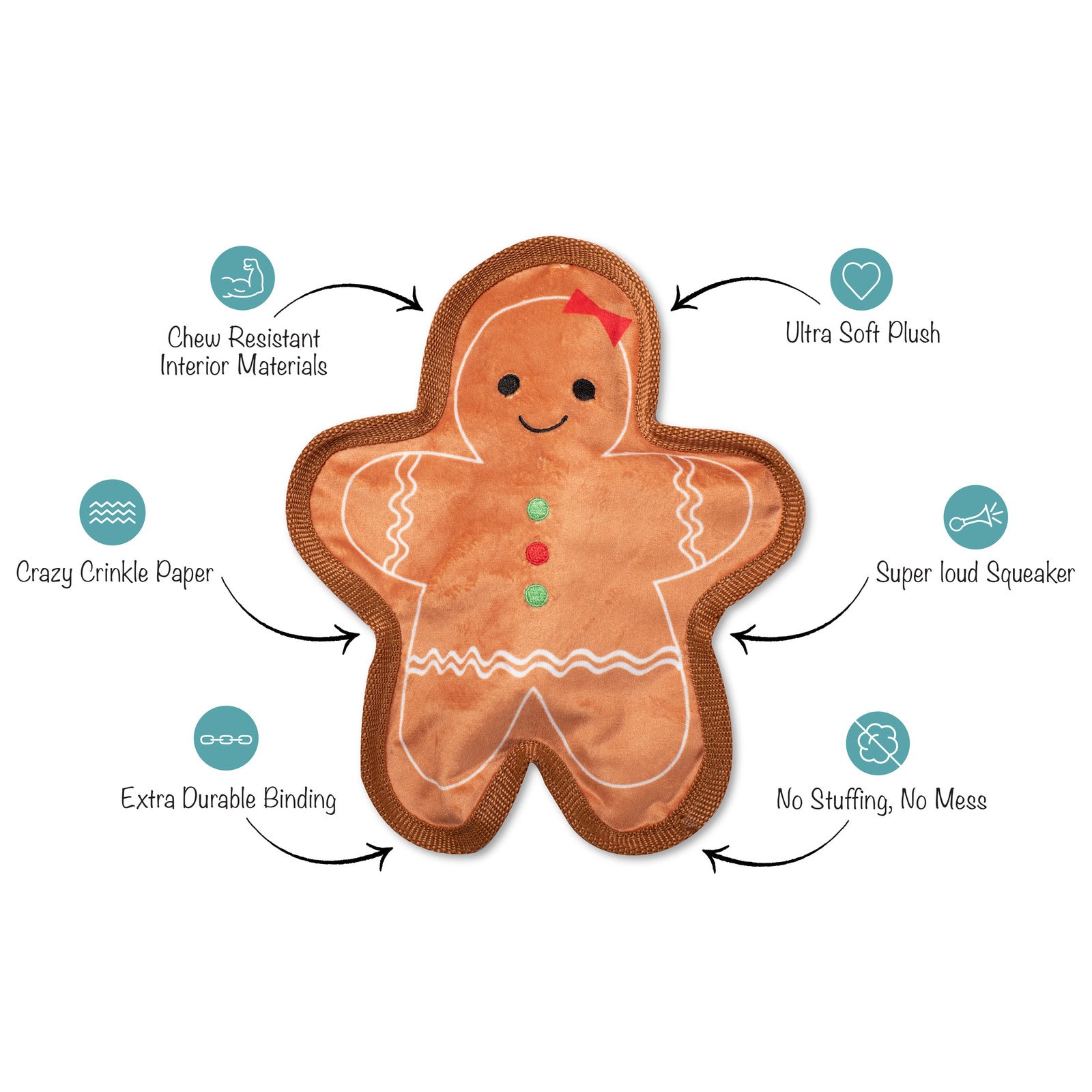 Fringe Studio PetShop Bite Me Gingerbread Girl  |  No-Stuffing Durable Squeaky Plush Toy
