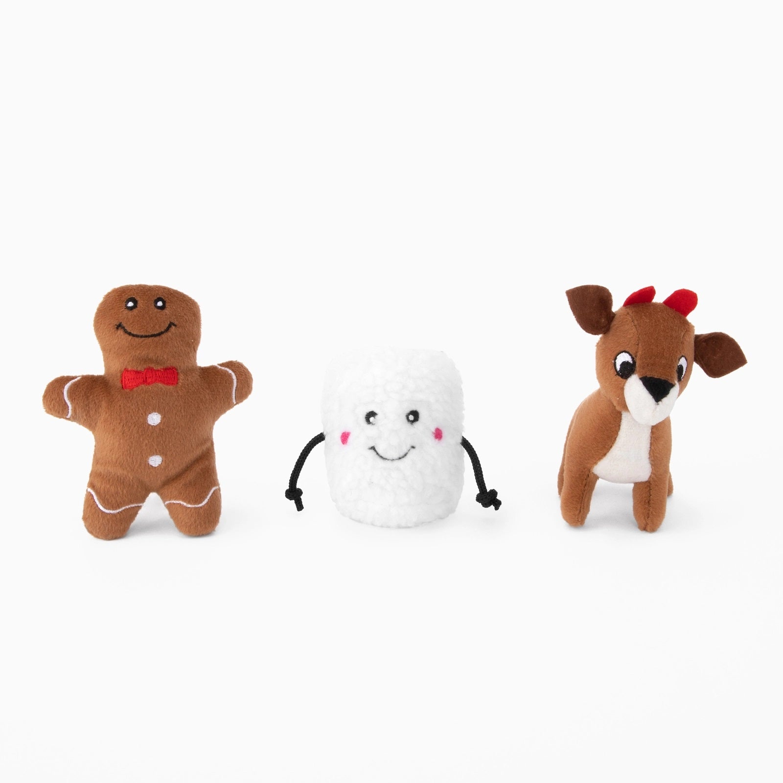 ZippyPaws Holiday Miniz 3 Pack  (Gingerbread, Marshmellow & Reindeer)  |  Mini Squeaky Plush Toy Set